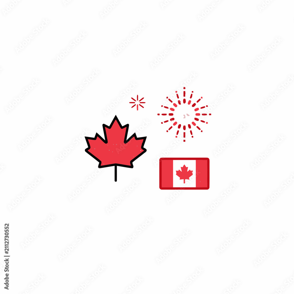 Fototapeta premium Canada Day Celebration Elements Featuring Red Maple Leaf National Flag and Fireworks Vector Graphic