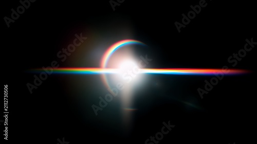 Abstract Diwali overlay background showing bright lens flare with rainbow halo, horizontal streak for Deepavali festival of lights