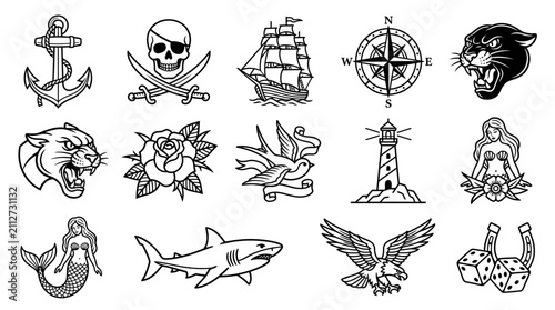 Traditional Tattoo Flash Set: Anchor, Skull, Ship, Compass, Panther
