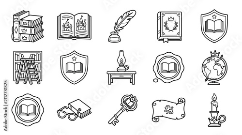Vintage Knowledge Icons: Books, Quill, Lamp, Globe, Key