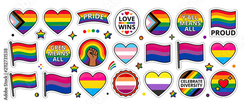 Quadro su tela Colorful LGBTQ+ Pride Symbols and Flags Sticker Collection