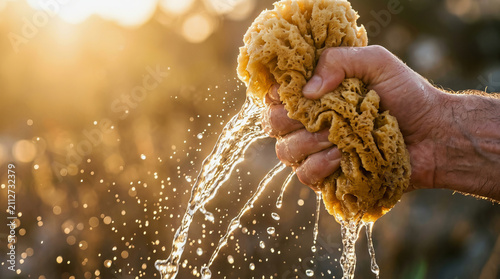 Hand squeezing natural sea sponge releasing water droplets against warm golden sunset background with sparkling light particles