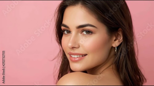 Young woman portrait close up smile skin beauty radiant hoop earring glowing soft pink background
