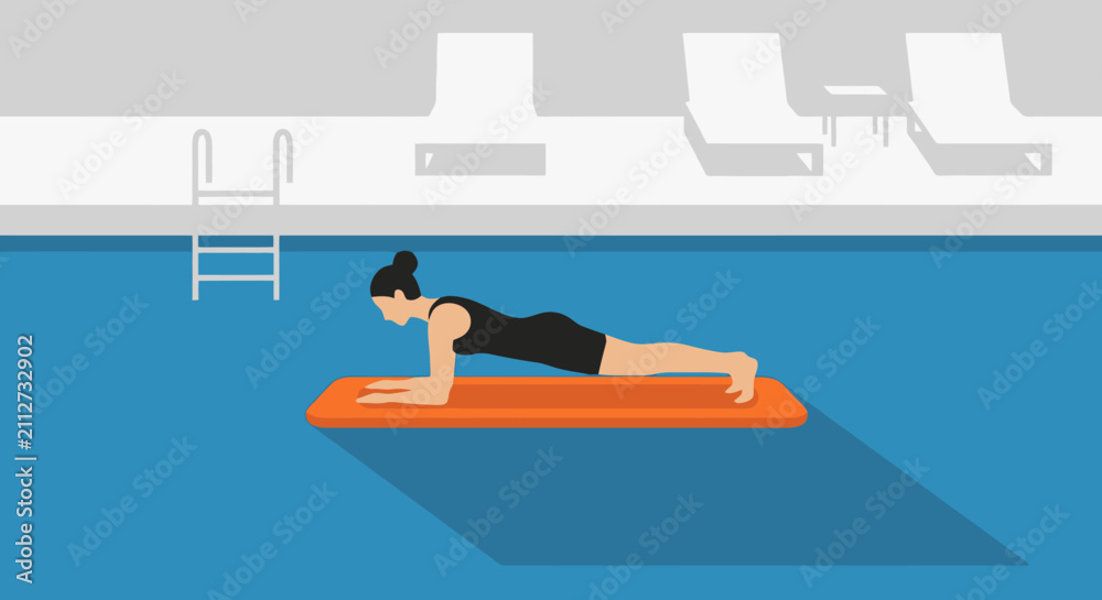 Obraz premium Woman practicing yoga plank pose on a mat by the swimming pool side