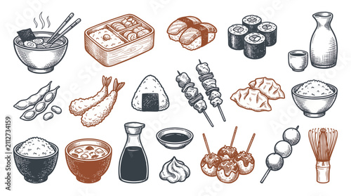 Hand drawn vintage sketch of Japanese food icons like ramen sushi bento and takoyaki, illustrating authentic restaurant menu design, provides quality culinary elements for graphic projects
