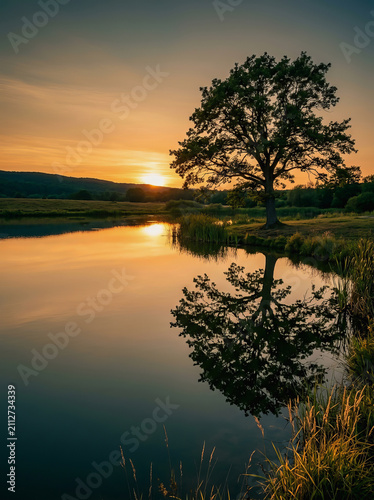 Soleil couchant sur un lac calme avec le reflet d'un grand arbre et des collines lointaines dans la lumi?re dor?e du cr?puscule