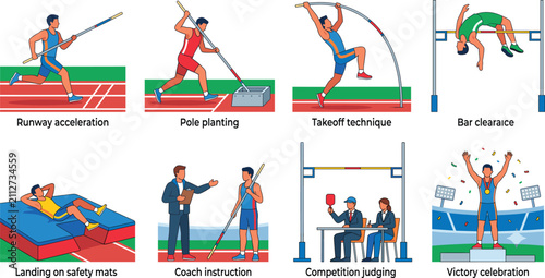 Quadro su tela Pole Vault Training Stages Vector Set with Athlete Coaching Competition and Vict