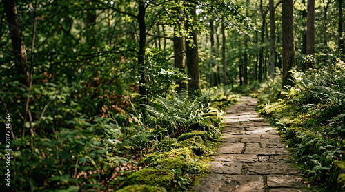 Stone path winds through lush green forest with ferns and moss under tall trees in serene woodland scene
