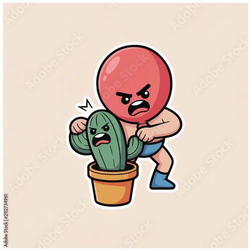 Fotografie Cartoon character hitting cactus with fist.