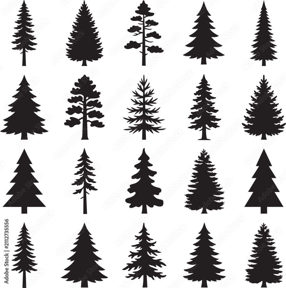 Obraz premium Pine Tree Silhouettes Set Evergreen Forest Spruce Conifer Vector Icons
