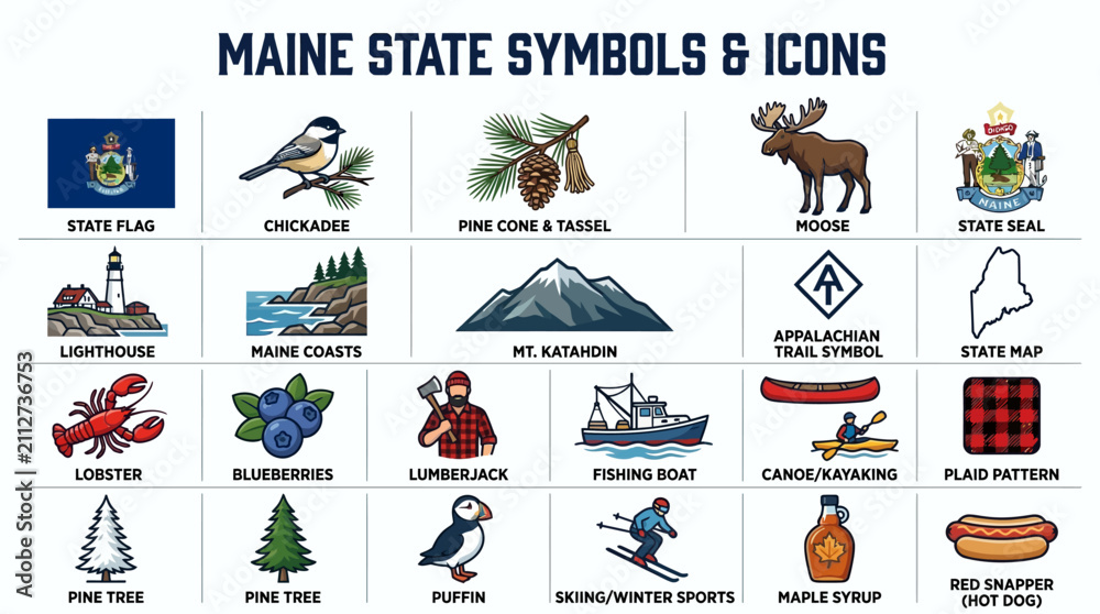 Obraz premium A comprehensive icon sheet showcasing various state symbols, natural landmarks, and cultural elements on a clean white background, perfect for educational materials and travel guides