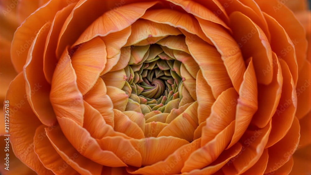 Obraz premium Vibrant orange petals spiral inward, revealing a green center in mesmerizing pattern.