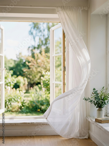 White sheer curtain billows in breeze through open window overlooking lush green garden with potted plant on windowsill inside bright room