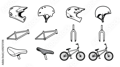 BMX bicycle parts, helmets, and full bikes vector outline collection
