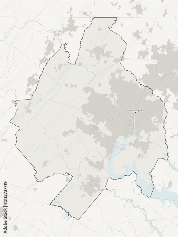 Fototapeta premium Washington-Arlington-Alexandria metropolitan area vector map with county boundaries, urban footprint and hydrography, District of Columbia, Virginia, Maryland and West Virginia, USA