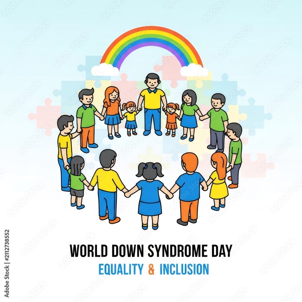 Fototapeta premium Diverse group of man, woman and child holding hands in circle for World Down Syndrome Day. Colorful rainbow and puzzle pieces background symbolizing community, equality and inclusive society.