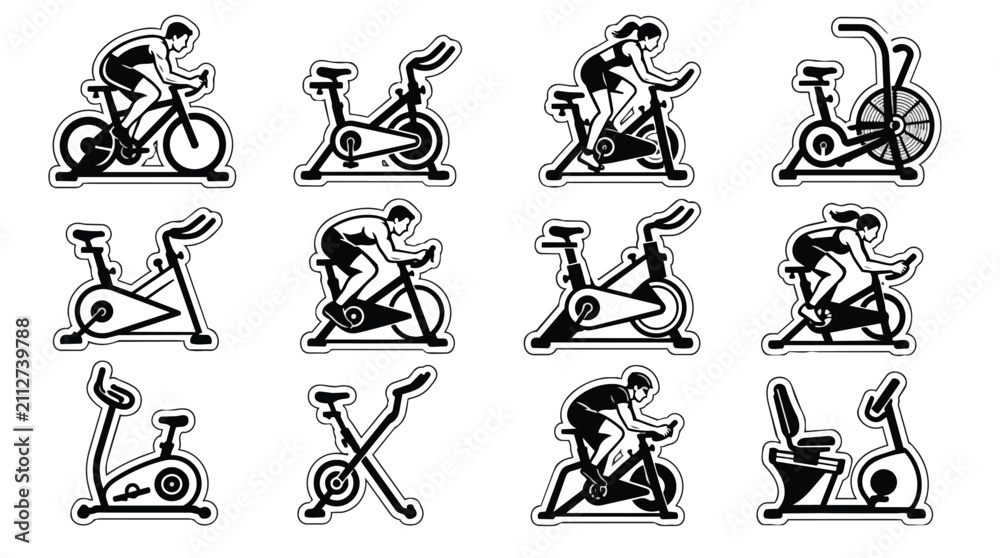 Obraz premium Collection of Black and White Vector Stationary Exercise Bike Icons