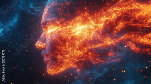 Fiery Cosmic Portrait: Woman's Face Formed from Glowing Stardust and Nebula