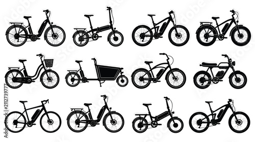 Diverse Electric Bicycles and E-Bikes Silhouettes Collection on White