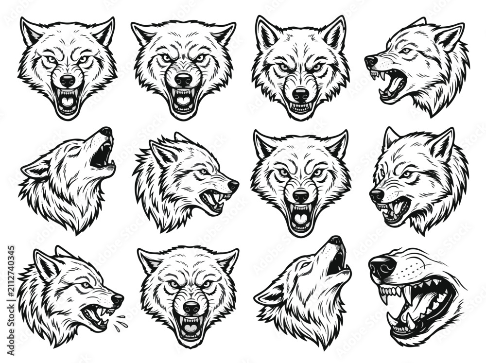 Obraz premium Wolf Head Vector Art Set Bundle Fierce Howling Snarling Angry Animal Mascot Design