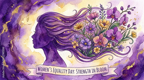 Women's Equality Day illustration with purple floral hair.