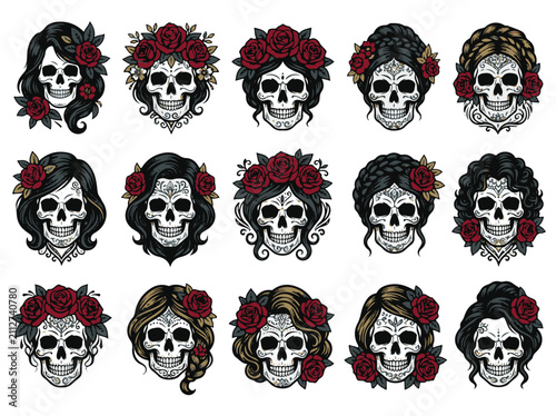 Obraz na płótnie Calavera Day of the Dead Female Sugar Skulls with Floral Headpieces Ornate Faces