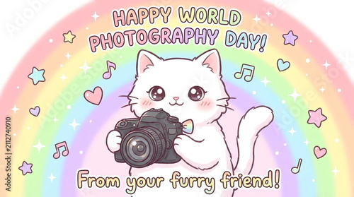 World Photography Day card with cat holding a camera.