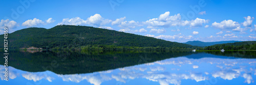 Fort Ticonderoga and South Mountain in New York over Lake Champlain, viewed from Mount Independence Park in Orwell, Vermont, USA