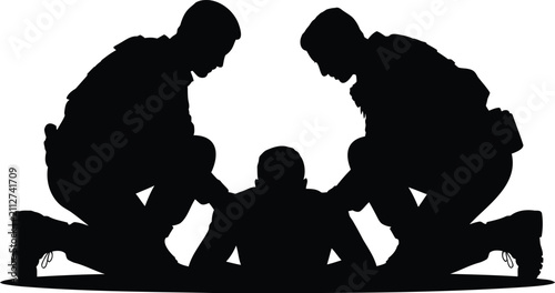 фотографія Strong graphic silhouette of two officers kneeling over a person on the ground i