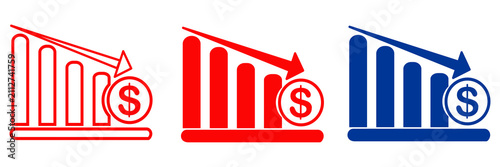 Collection of declining bar chart icons with downward arrows showing loss and debt.