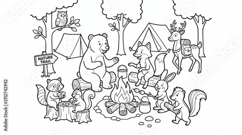 Black and White Coloring Page of Woodland Animals Camping Around a Campfire with Tents, Nature Trail Sign, and Trees, Outline Vector Illustration