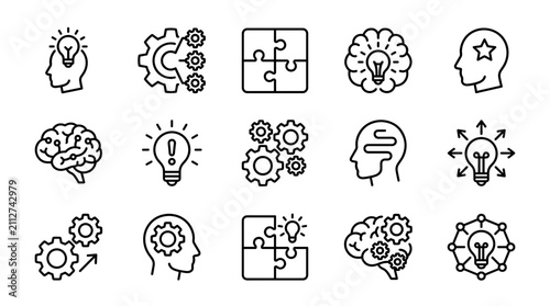 A collection of line icons representing ideas, brains, gears, and puzzles for creativity and innovation.