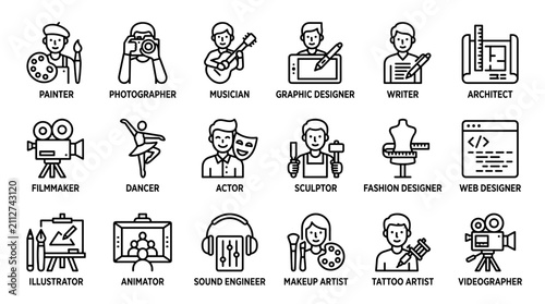 Collection of line art icons representing various creative professions, from artists and musicians to designers and web developers.