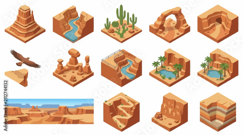 Obraz na plátně Isometric desert landscape with cacti, canyons, and rivers.
