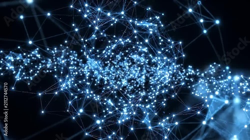 Abstract blue digital network background with glowing nodes and connecting lines representing technology