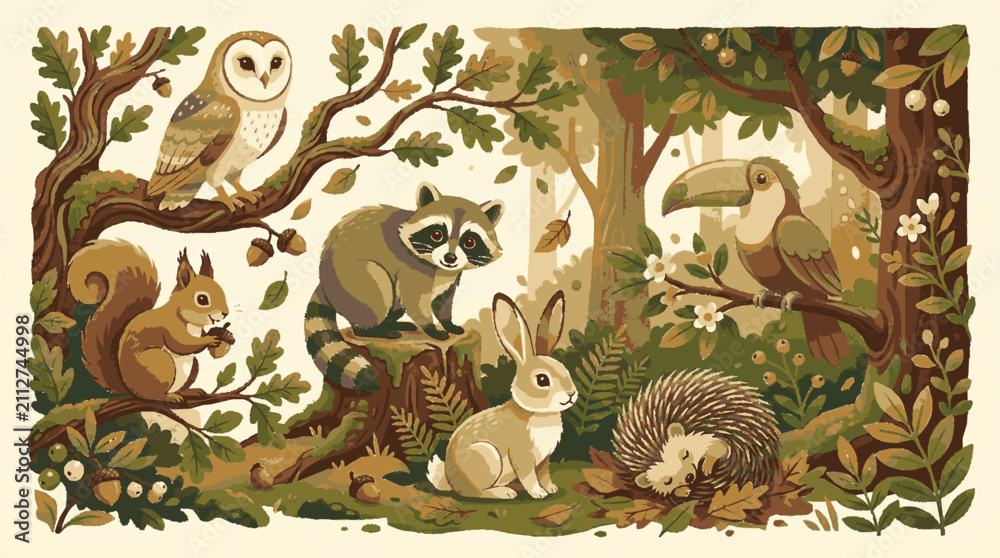 Fototapeta premium Enchanting woodland animal gathering surrounded by lush forest foliage in a whimsical hand drawn illustration style with presents charming
