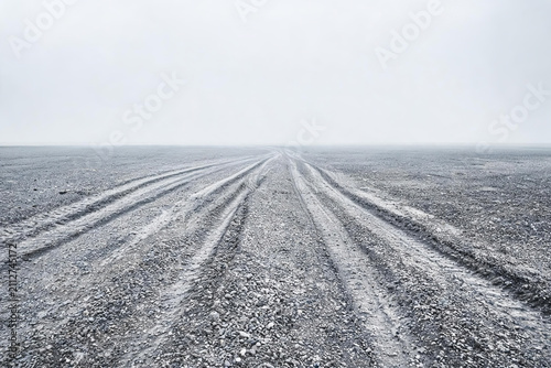 A long, unpaved gravel track with tire ruts stretches through a misty, barren open landscape to the horizon.