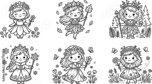 Obraz na płótnie Cute kawaii forest princess and flower fairies coloring page vector set with smi