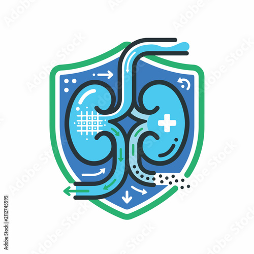 Kidney health protection icon, human renal system inside shield vector, medical filtration and urology care concept illustration