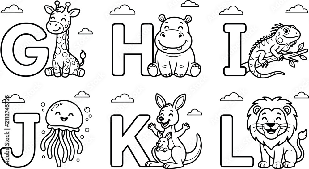 Obraz premium Cute animal alphabet coloring page set with cartoon giraffe hippo iguana jellyfish kangaroo lion for preschool kids education vector