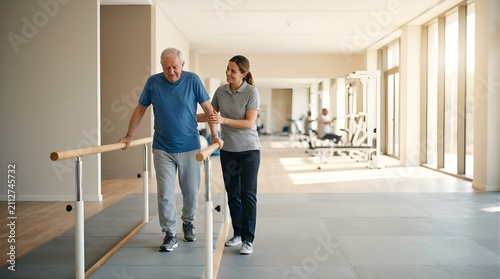 Elderly man practicing walking with a therapist using parallel bars in a clinic