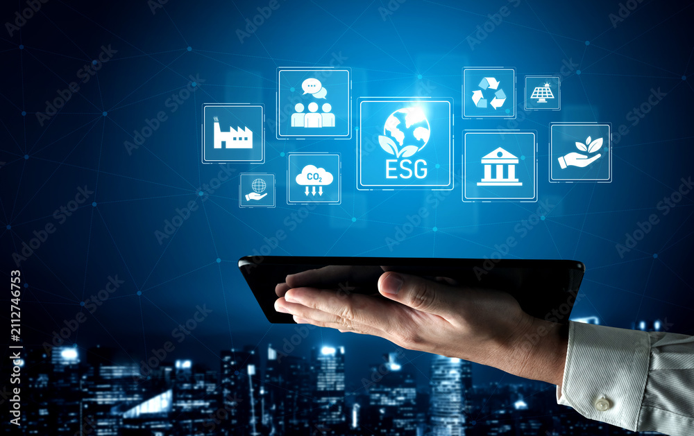 Obraz premium ESG principles guide sustainable business through environment, social, and governance. ESG enhances ESG responsibility, transparency, and ESG values. Vouch