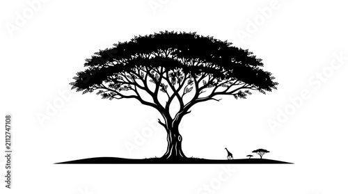 Foto Silhouette of an acacia tree with a giraffe and small trees against a white back