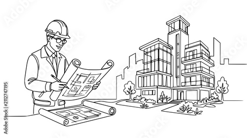 Architect with Blueprints Designing Modern Building Line Art Vector Illustration