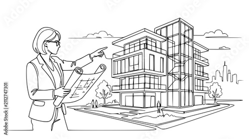 Architect Woman with Blueprint Presenting Modern Building Line Art Illustration