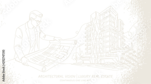 Architectural line art sketch of engineer with blueprint and modern building