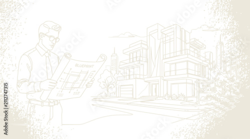 Architectural sketch of architect holding blueprint with modern house design