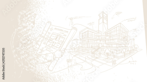 Architectural sketch of modern building design with blueprint line art