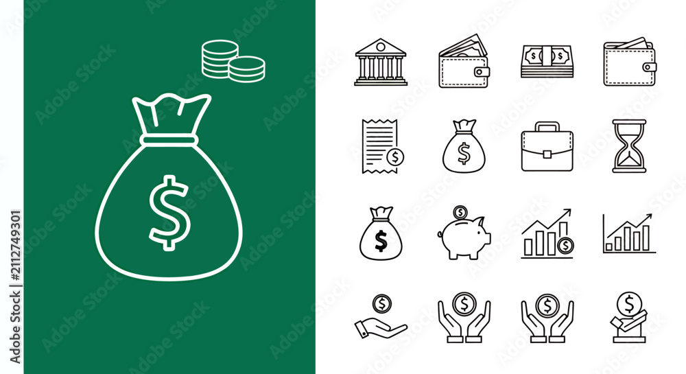 Naklejka premium Money Bag and Business Icons Representing Finance, Commerce, and Economic Growth.