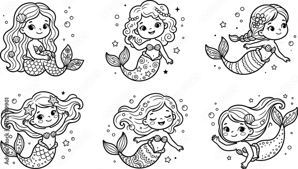 Fototapeta premium Cute ocean sea mermaid princess coloring page set with cartoon fairytale girl characters for preschool kids activity education vector